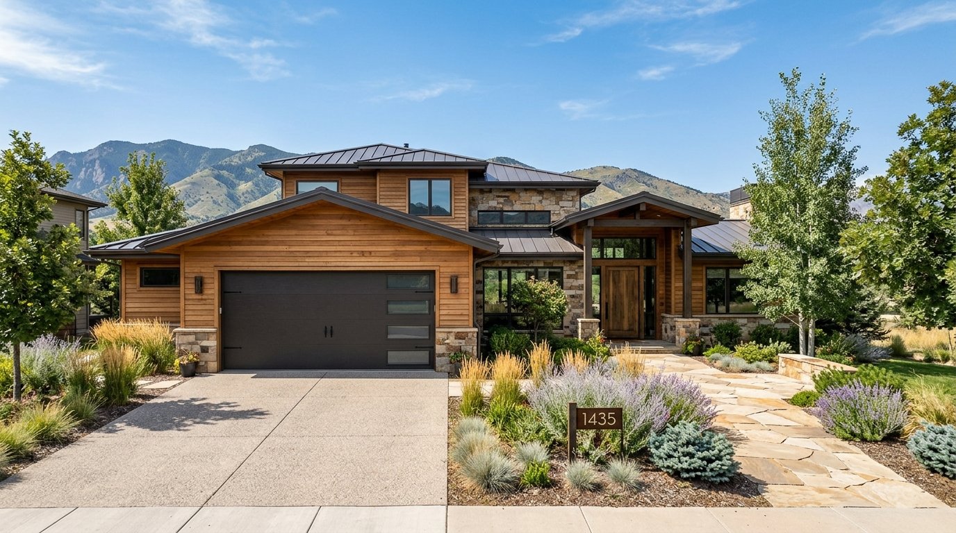 Beautiful modern residential home with garage door in Brighton Colorado
