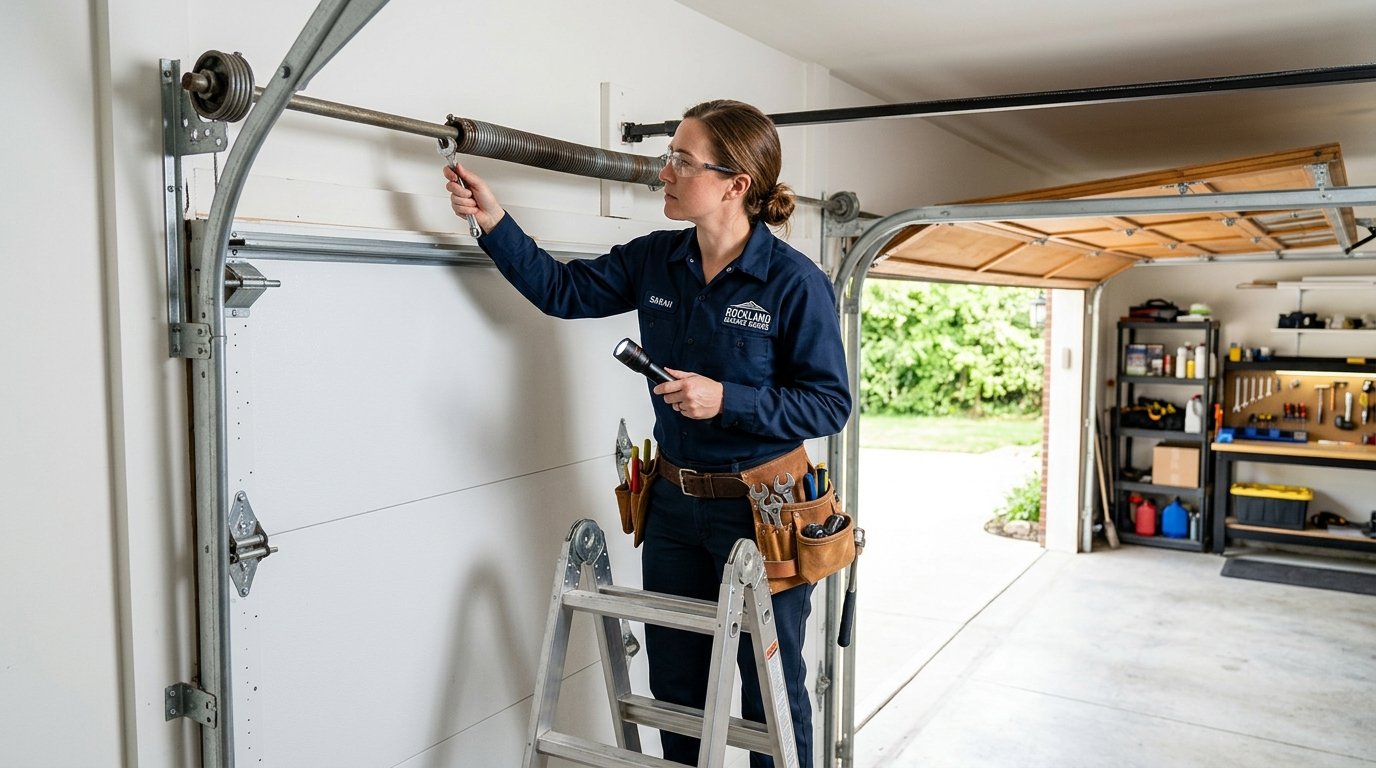 Wayne Garage Door Repair technician inspecting torsion spring and track assembly