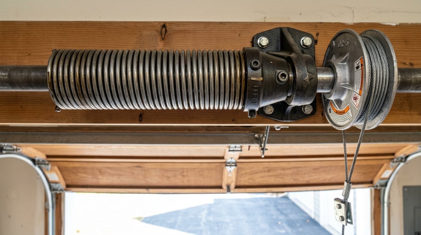 Heavy-duty garage door torsion spring and cable drum assembly above open door